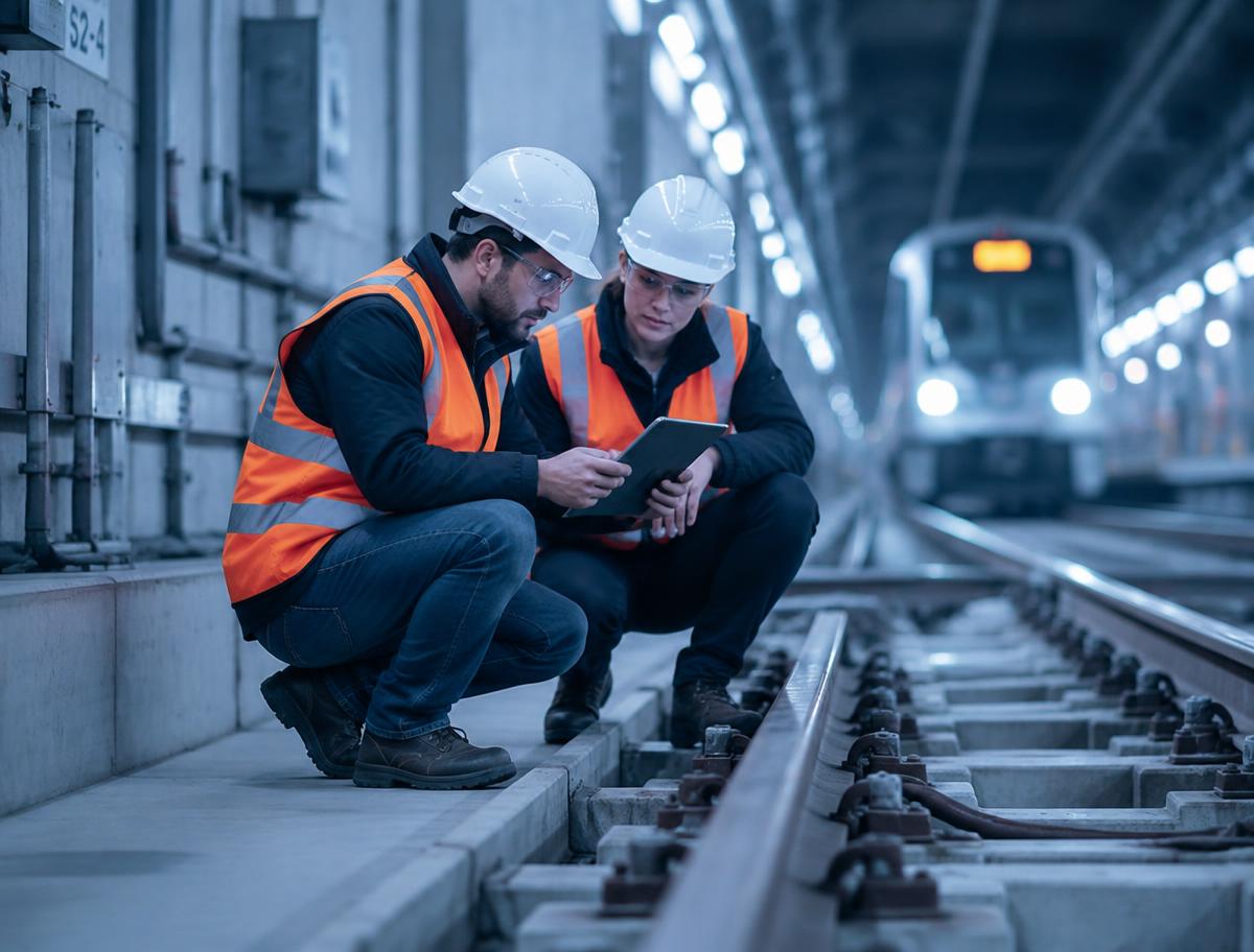 Engenheiros inspecionando via férrea metroferroviária